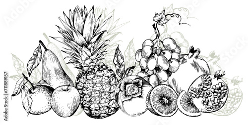 Pineapples, grape, pomegranates and sweet fruits horizontal arrangement. Black and white hand drawn vector illustration. photo