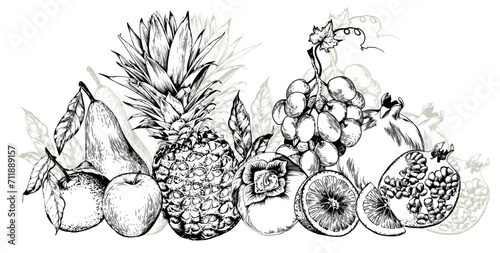 Pineapples, grape, pomegranates and sweet fruits horizontal arrangement. Black and white hand drawn vector illustration.