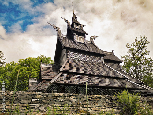 Fantoft Stave Church. Stave church in the Fana borough of the city of Bergen photo