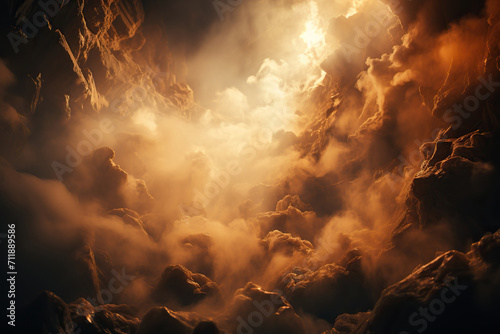 Background with huge clouds of dust, smoke in the rocks in warm light. Generated by artificial intelligence