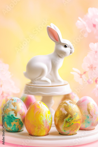 Colorful Easter Eggs and Bunny Figurine