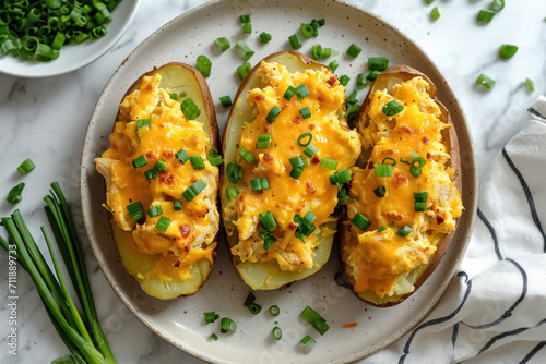 Three whole baked potatoes in jacket stuffed with chicken, green onions and cheddar cheese flat lay on plate on white background photo