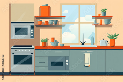 Grey and orange kitchen interior with counter, cabinets and household appliances in flat lay vector style © Balica