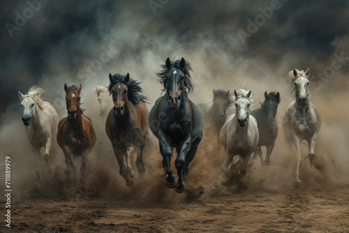 Horse herd portrait run fast against dark sky in dust