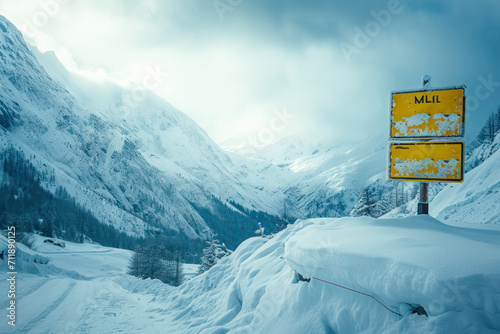 Avalanche danger warning, an image featuring warning signs and avalanche control measures in a snowy mountainous region. photo