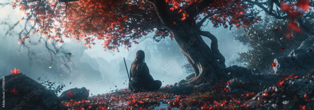 Illustration of a Japanese samurai woman meditating under a tree - obrazy, fototapety, plakaty 