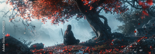 Illustration of a Japanese samurai woman meditating under a tree photo