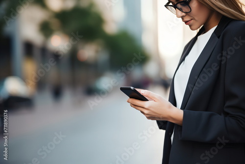 Businesswoman in glasses using smartphone in city street