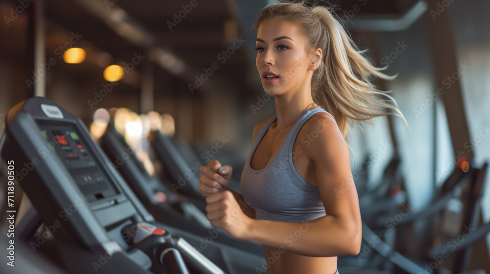 A determined young woman in athletic wear is running on a treadmill in a modern gym, focused on her workout.