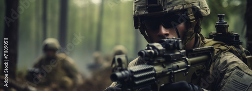 Close-up portrait of a soldier with a weapon during a military operation photo