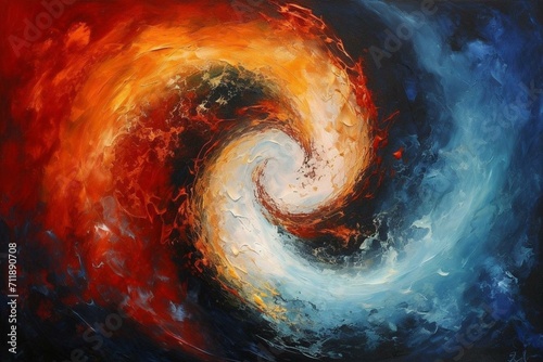 Dynamic artwork featuring a swirling cyclone of fire and ice with a captivating spiral and a harmonious yin yang symbol. Generative AI photo