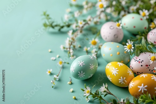 Decorative Easter Eggs and Spring Blossoms on a Pastel Blue Background