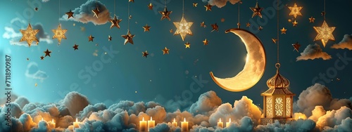 Enchanting Starry Night Skies With Hanging Crescent Moon and Traditional Lanterns
