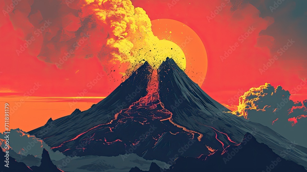 As the fiery eruption paints the sky with vibrant hues, the mighty volcano awakens from its slumber, spewing molten lava from its towering shield and stratovolcanoes, while a serene landscape of moun
