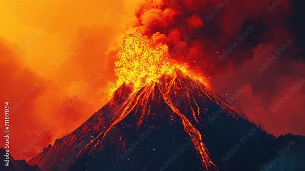 A fiery mountain spews molten lava and billowing smoke, as the earth trembles with the force of an erupting shield volcano in the midst of a vibrant sky