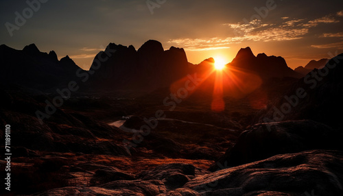 Nature beauty in sunset, mountain peak, and tranquil silhouette generated by AI