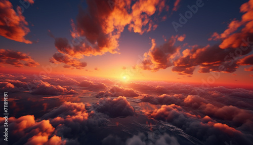 Vibrant sunset sky, nature beauty, tranquil scene, high up generated by AI
