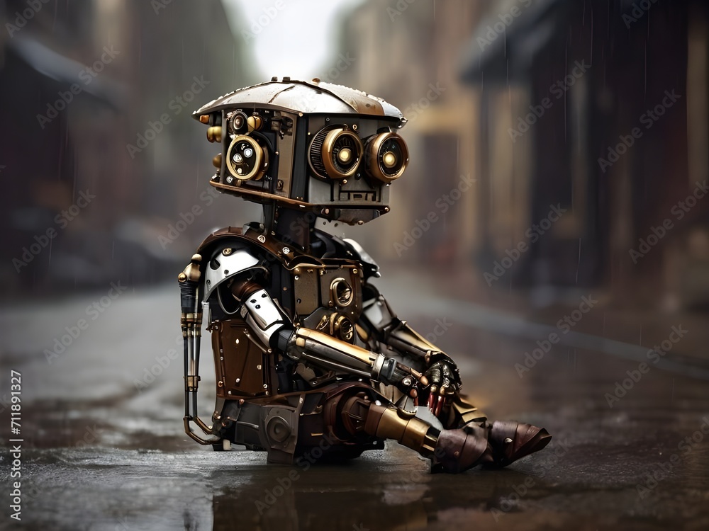 Steampunk Roboter sitzt einsam auf der Straße einer Stadt Steampunk Roboter sitzt einsam auf der Straße einer Stadt
