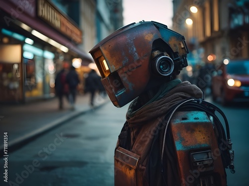 Einsamer Roboter sitzt verlassen auf der Straße einer fremden Stadt