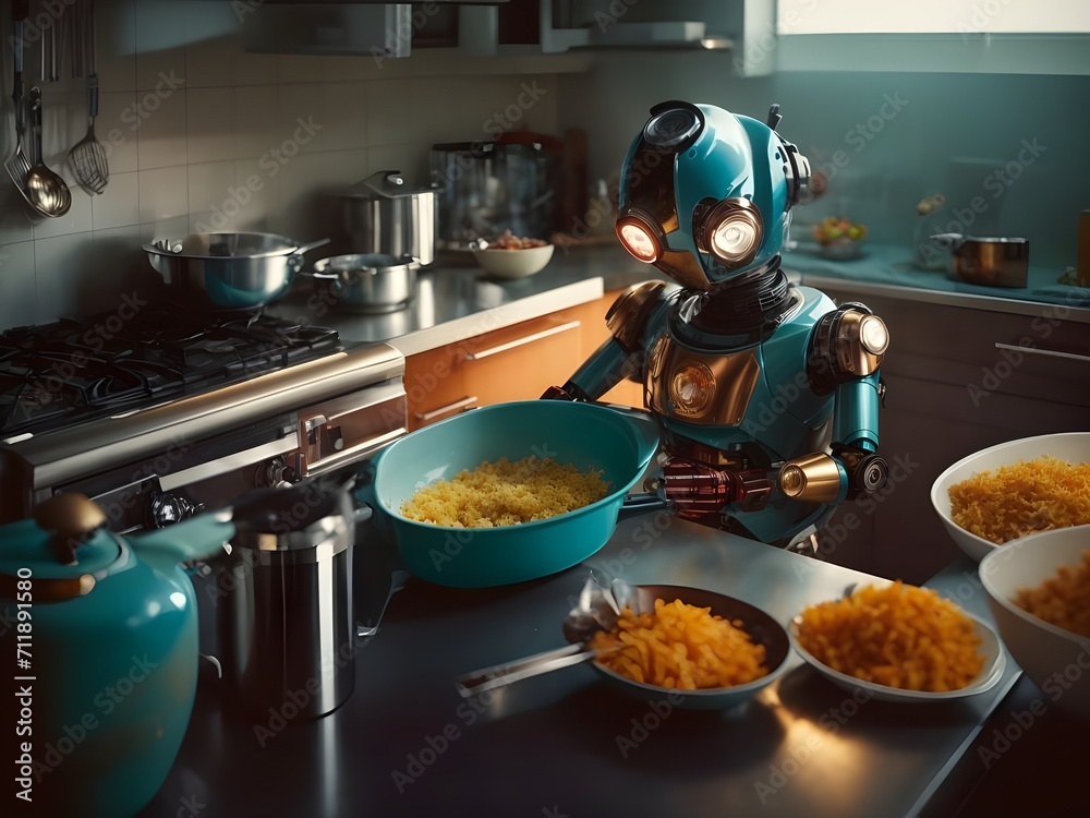 Roboter kocht Essen in der Küche - obrazy, fototapety, plakaty 