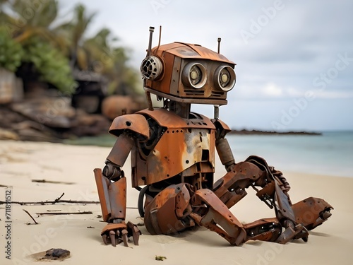 Alter rostiger Roboter einsam am Strand © pit24