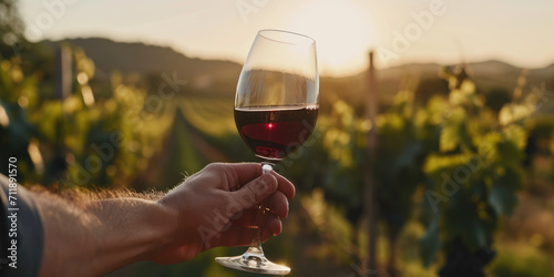 A close-up shot of a sommelier who is spinning a glass containing red wine, and in the background is the vineyard from which this wine was produced.	
