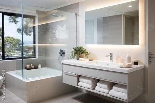 Modern bathroom interior with large window and bathtub