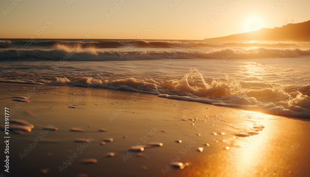 Sunset over the water, waves crashing, nature beauty on display generated by AI