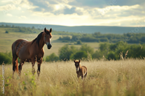 A foal with a mare on a summer pasture in a rural landscape © Kateryna
