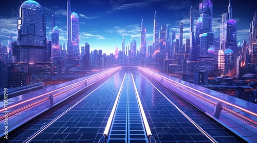 Futuristic Neon way to a Modern City, Ai Generated