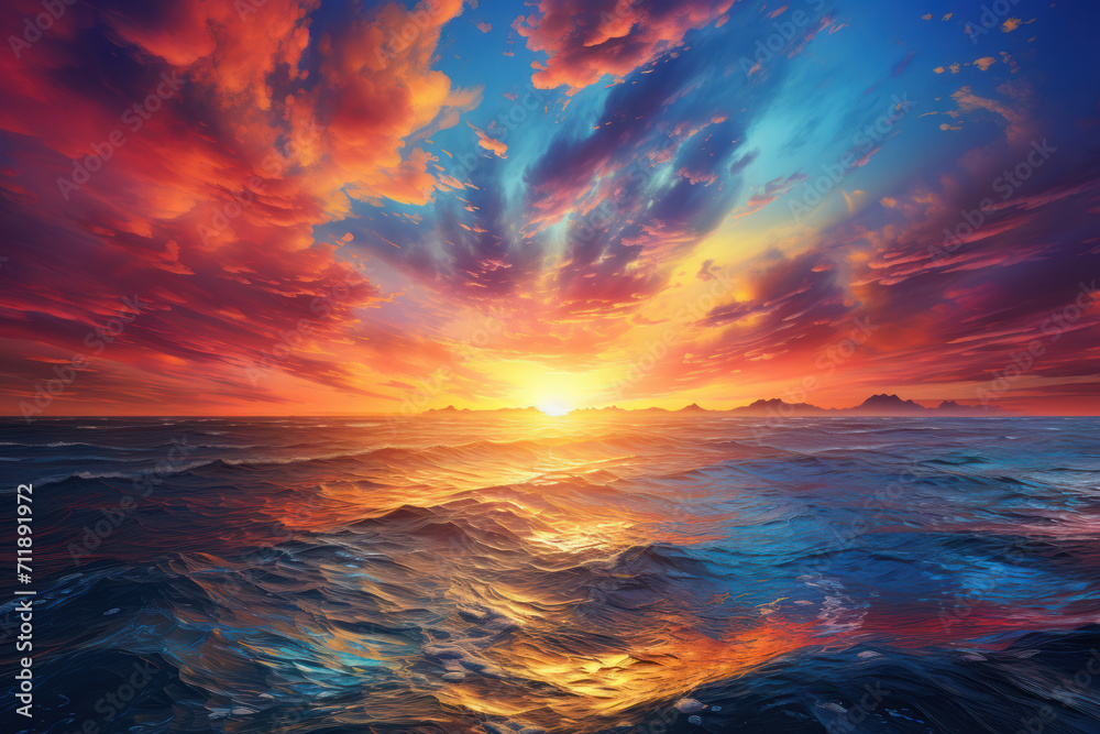 A captivating sunset painting the sky with vibrant colors, creating a breathtaking backdrop for the transition from day to night. Concept of twilight splendor. Generative Ai.