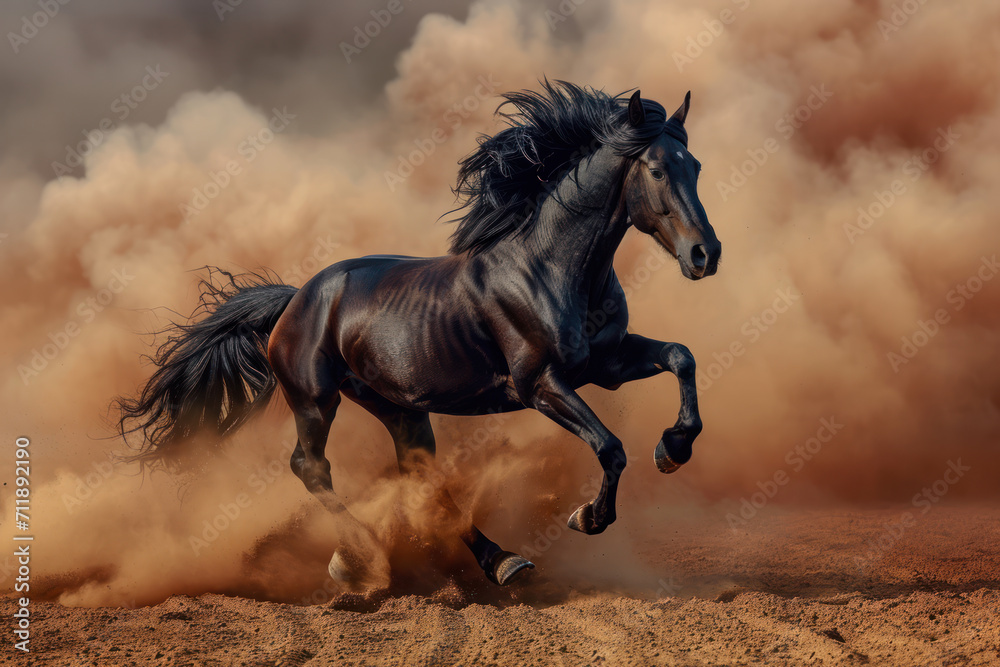 Black horse run gallop in dust desert Black horse run gallop in dust desert