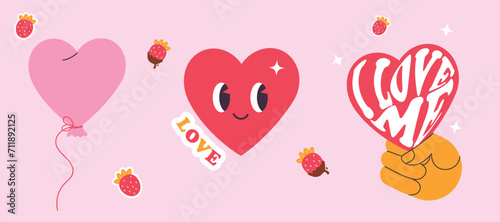  Card stickers set with heart and other elements for Valentines Day. For stickers, website banner, Sale, Valentine card, cover, flyer or poster trendy vector illustration. Retro style, self love
