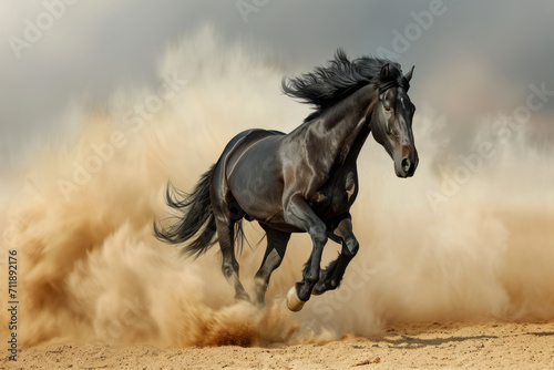Black horse run gallop in dust desert © Kateryna