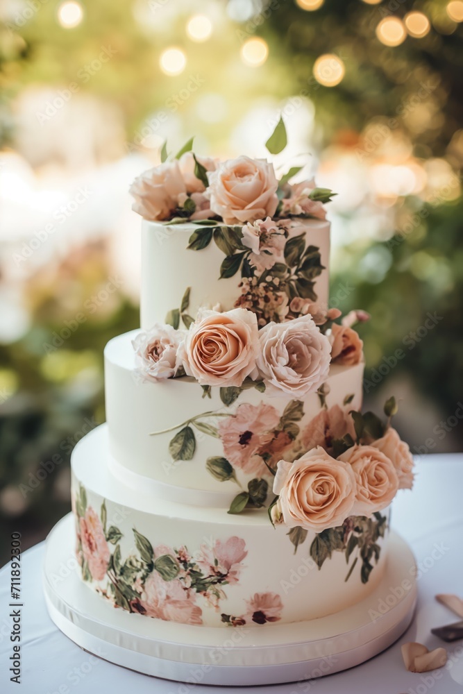 Exquisite multi-tiered wedding cake adorned with fresh flowers, showcasing classic elegance at a garden wedding...