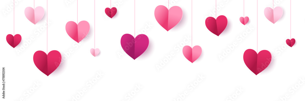 Pink hearts decoration. Valentine's day frame, border. Wedding string ornaments isolated on transparent background. Mother's day garland. For banners, party posters. Vector.
