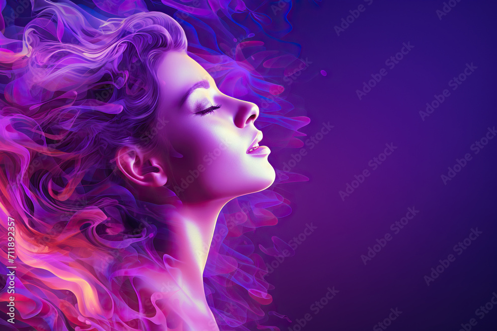 Mental health concept. Beautiful woman face with purple smoke on her head. Generated by artificial intelligence