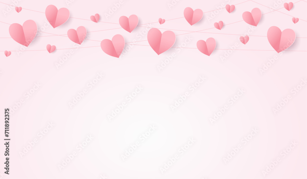 Pink hearts decoration. Valentine's day frame, festive pink background. Wedding string ornaments. Mother's day garland. Vector illustration.