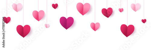 Pink hearts decoration. Valentine's day frame, border. Wedding string ornaments isolated on transparent background. Mother's day garland. For banners, party posters. Vector.