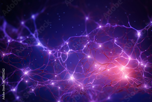 Abstract purple background with molecular structure. Neural connections of the brain. Generated by artificial intelligence