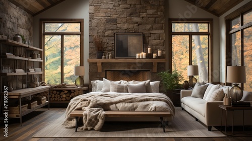 Modern rustic cozy house interior with fireplace and large windows