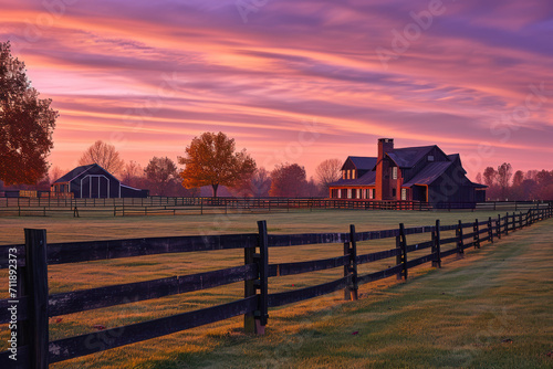 This image of a Kentucky thoroughbred horse farm was taken in the autumn at dawn. The location was near Lexington, Kentucky