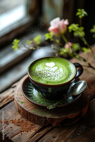 editorial close up photo of japanese green matcha latte with heart latte milk art in ceramic mug flower details on cafe coffee shop table with natural sunlight for alternative healthy beverage drinks
