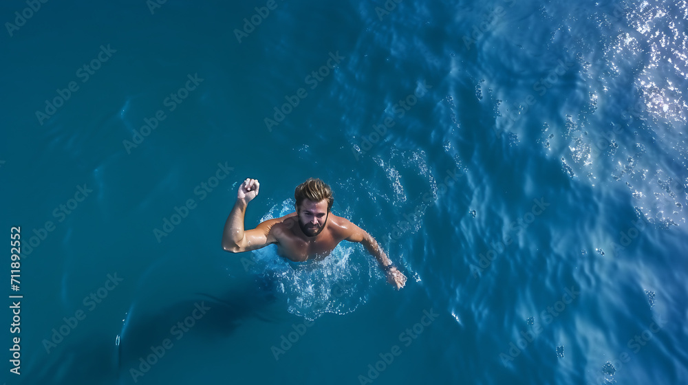 Aerial Top View Male Swimmer Swimming in Swimming Pool. Professional Athlete Training for the Championship, using Front Crawl, Freestyle Technique