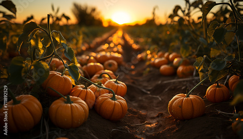 A vibrant autumn sunset illuminates a spooky Halloween pumpkin lantern generated by AI