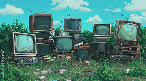 Electronic waste and garbage, pile of old tv sets and monitors on green grass covered with grass