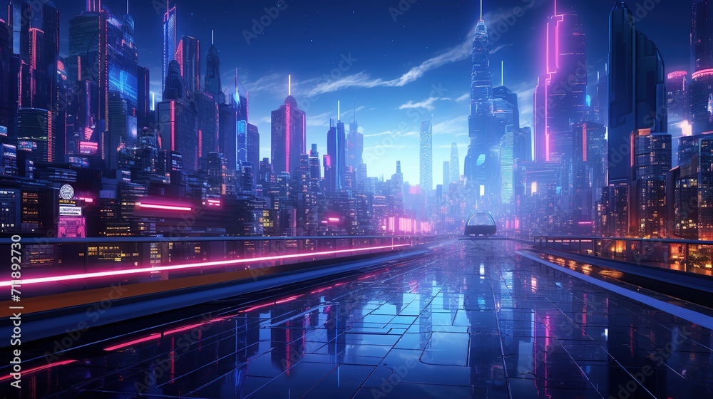 night scene of the modern city and the road, 3d rendering, Ai Generated
