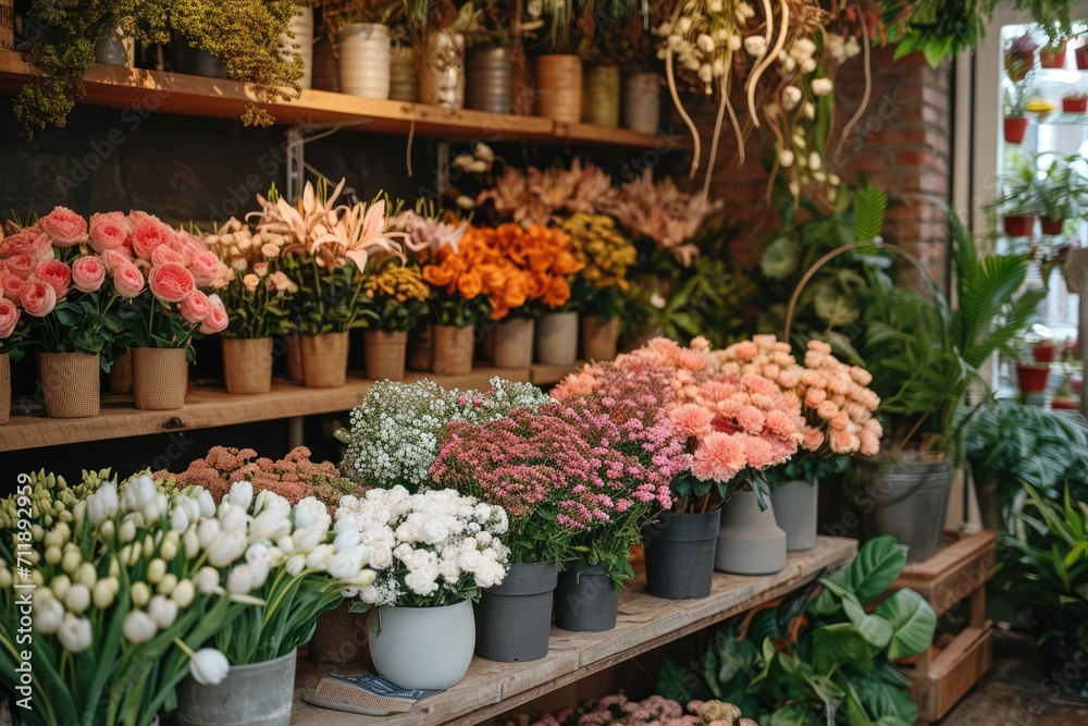 A quaint florist shop filled with fresh blooms in pastel planters, surrounded by an array of hanging plants and potted greenery on rustic shelves..