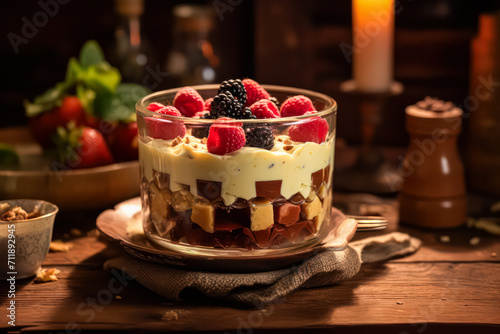 Savor the essence of Cranachan, tastefully presented on a wooden table. This delightful dessert captures the richness of cream, oats, and berries in a harmonious blend.