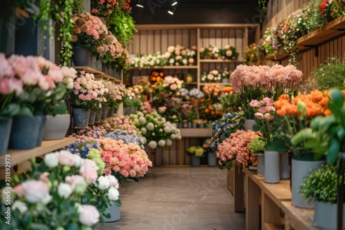 Modern and well-organized flower shop interior brimming with a diverse array of colorful flowers and lush green plants, creating a vibrant atmosphere..